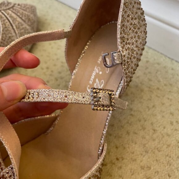 Glitzy Gold Ballroom Dancing shoes suede bottom - Picture 9 of 12